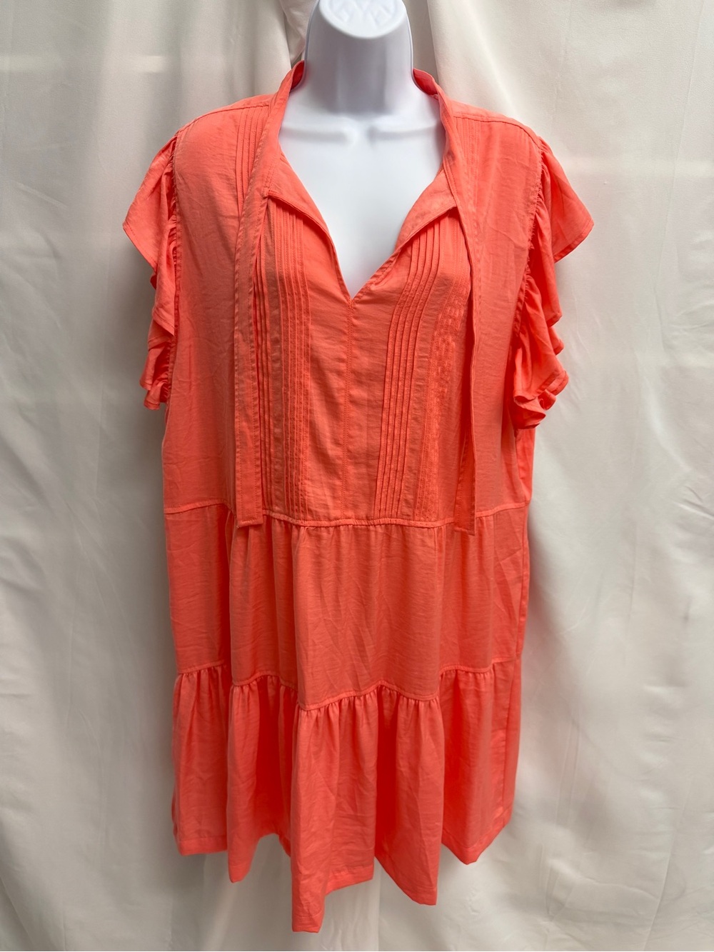 Tommy Hilfiger Coral Ruffle Sleeve Tiered Mini Dress Pintuck Split Neck Pink